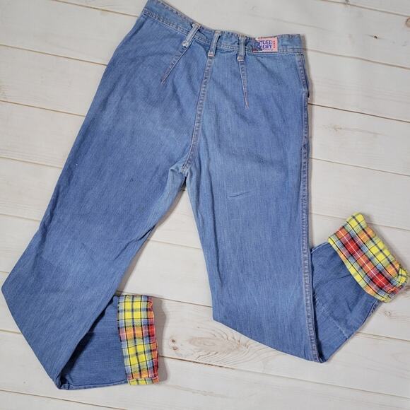 Vintage 70s Faded Glory Orange Stitching Bareback Plaid Flannel Lined Jeans, 28" - Picture 5 of 6